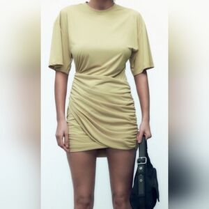 NWT. Zara Short Sleeved Ruched Mini Dress In Mustard